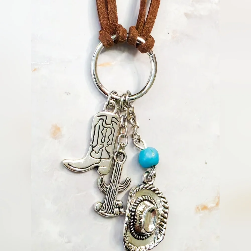 ​Brown Suede Western Choker Necklace Silver Cowboy Boot Hat & Cactus Charms